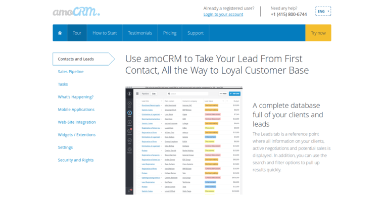 Contact page of #3 Top CRM Systems: amoCRM