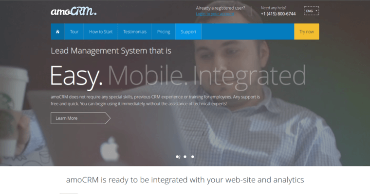 Home page of #8 Best Customer Relationship Management Software: amoCRM