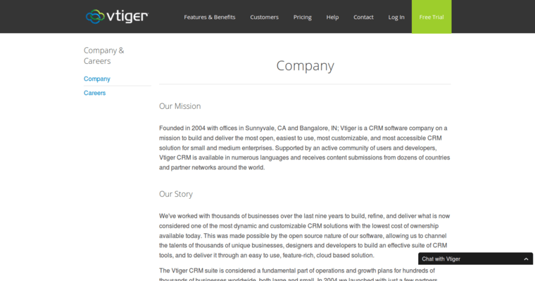 Company page of #8 Leading Customer Relationship Management Program: Vtiger