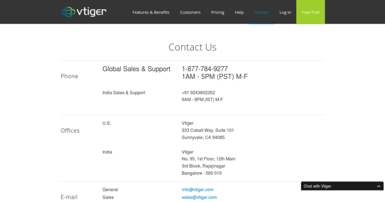 Contact page of #8 Top Customer Relationship Management Software: Vtiger