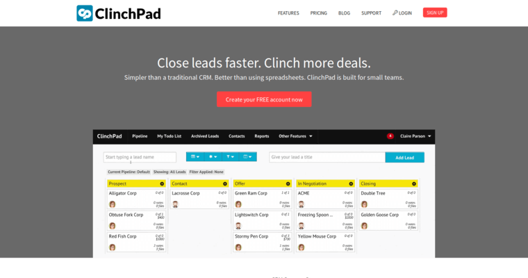 Home page of #17 Leading Customer Relationship Management Application: Clinchpad