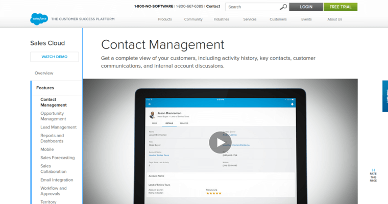 Contact page of #3 Leading Customer Relationship Management Software: Salesforce.com