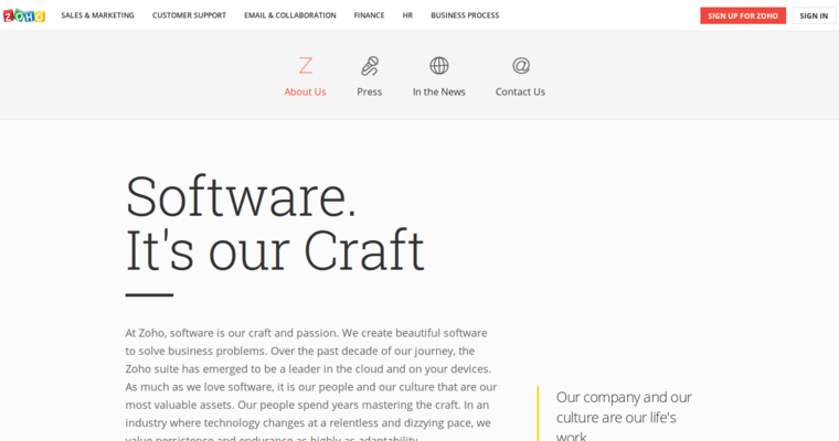 About page of #4 Top Customer Relationship Management Software: Zoho
