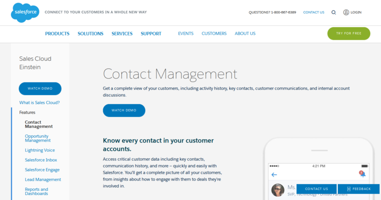 Contact page of #3 Leading Customer Relationship Management Program: Salesforce.com
