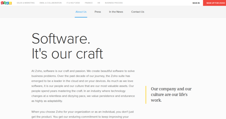 About page of #4 Best Customer Relationship Management Program: Zoho