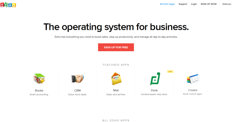 Home page of #4 Leading Customer Relationship Management Software: Zoho