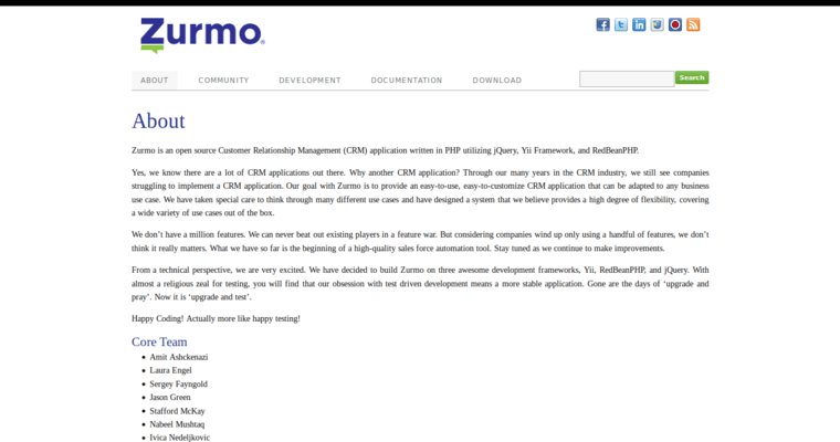 About page of #20 Top Customer Relationship Management Program: Zurmo