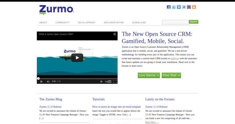 Home page of #20 Leading CRM Software: Zurmo
