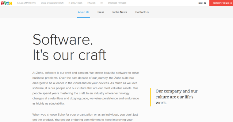 About page of #4 Leading Customer Relationship Management Software: Zoho
