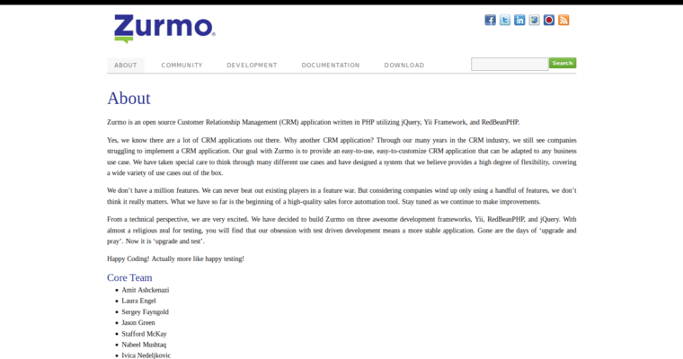 About page of #19 Best CRM Program: Zurmo