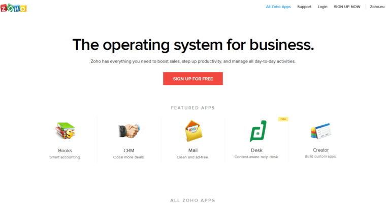 Home page of #4 Top CRM Application: Zoho