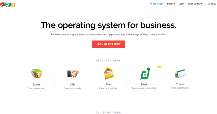 Home page of #4 Best Customer Relationship Management Application: Zoho