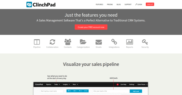Features page of #23 Best Customer Relationship Management Software: Clinchpad