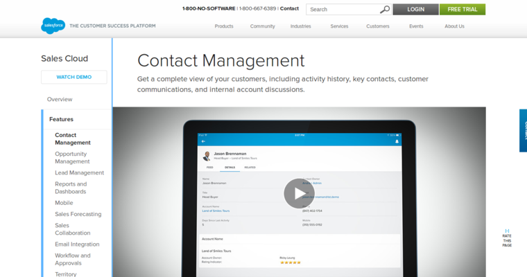 Contact page of #8 Leading Enterprise CRM Application: Salesforce.com