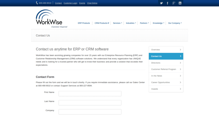 Contact page of #1 Top Enterprise CRM Software: WorkWise