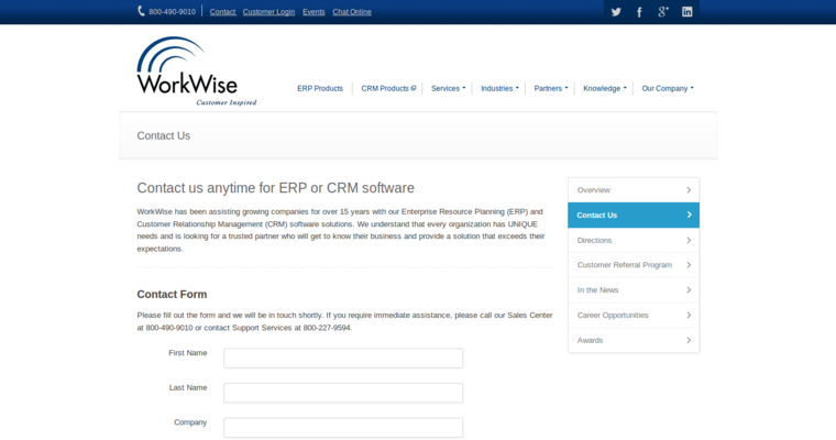 Contact page of #1 Leading Enterprise CRM Solution: WorkWise