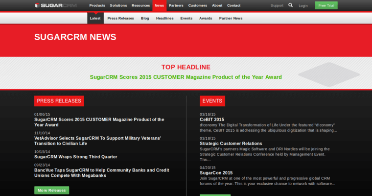 News page of #2 Leading Enterprise CRM Solution: Sugar CRM