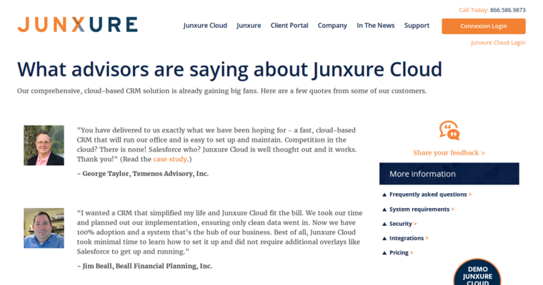 Testimonials page of #3 Top Financial Advisor CRM Software: Junxure
