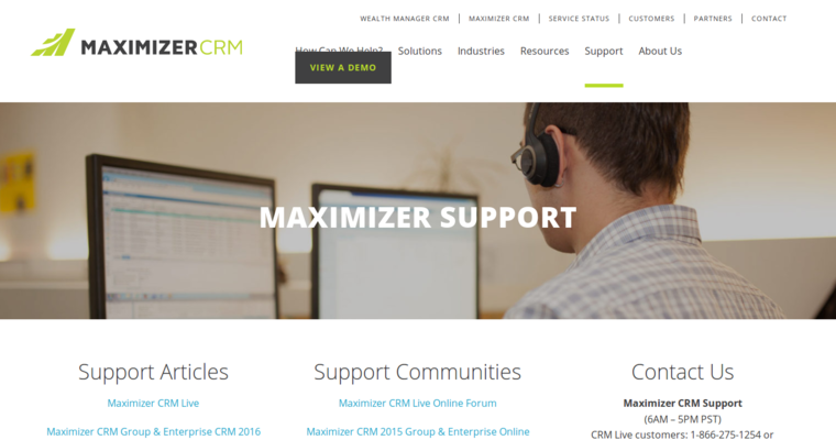 Support page of #5 Leading Financial Advisor CRM Software: Maximizer