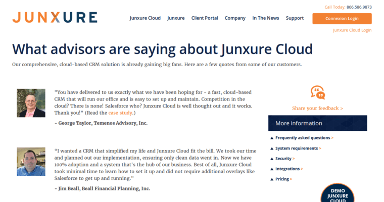 Testimonials page of #2 Top Financial Advisor CRM Software: Junxure