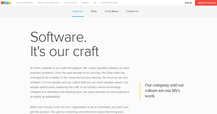 About page of #2 Leading Free CRM Software: Zoho