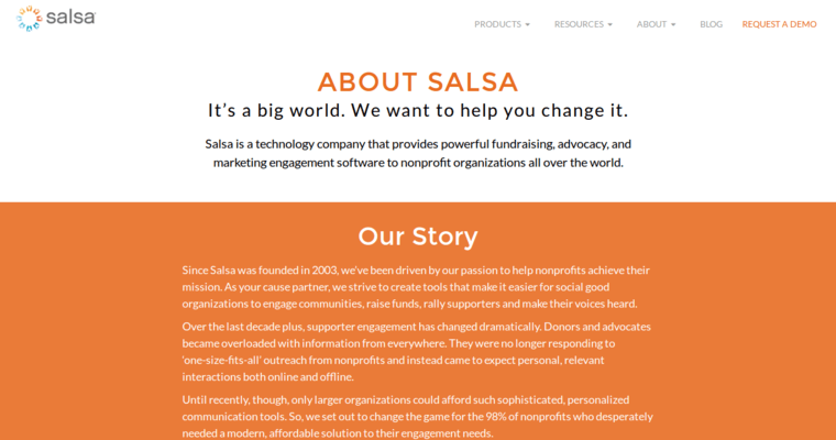 About page of #2 Leading Non Profit CRM Software: Salsa Labs