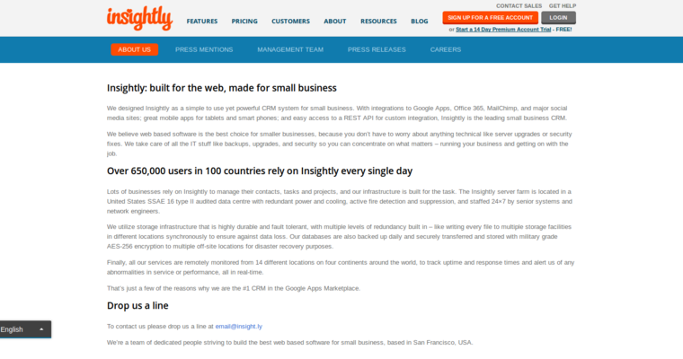 About page of #10 Leading Online CRM Software: Insightly