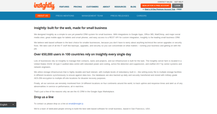 About page of #10 Best Online CRM Application: Insightly