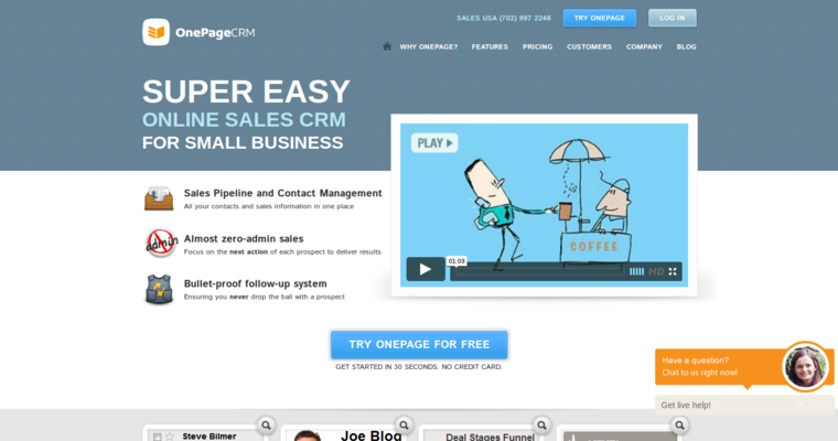 Home page of #3 Best Online CRM Software: OnePage