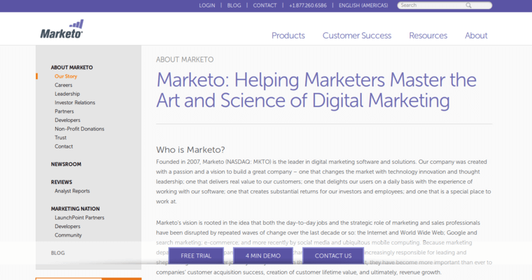 About page of #9 Top Online CRM Application: Marketo