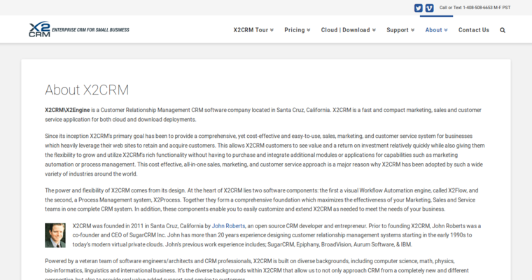 About page of #10 Best Open Source CRM Software: X2CRM