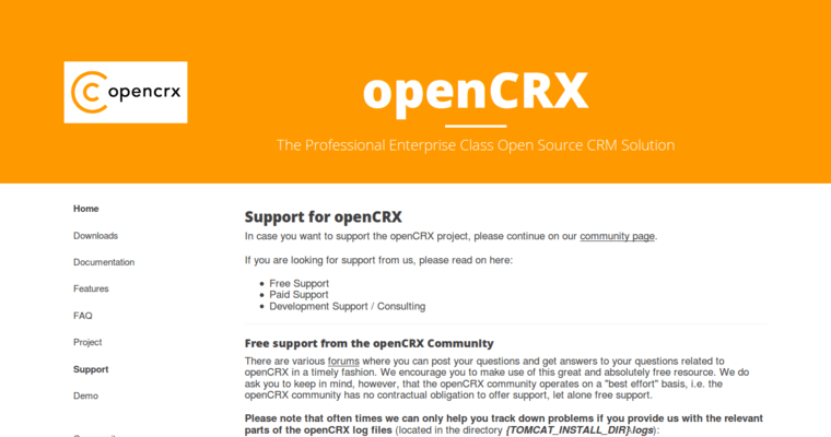 Support page of #5 Best Open Source CRM Software: openCRX