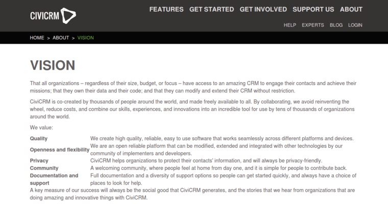Vision page of #9 Top Open Source CRM Software: CiviCRM