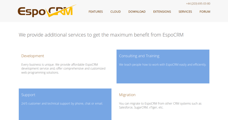 Service page of #6 Best Open Source CRM Software: EspoCRM