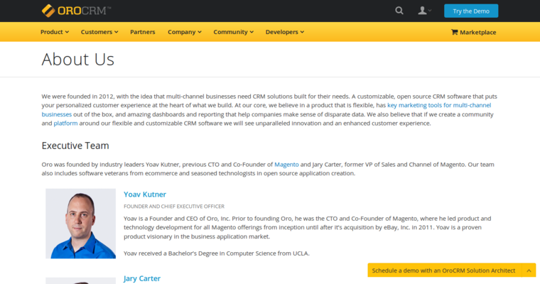 About page of #7 Leading Open Source CRM Software: OroCRM