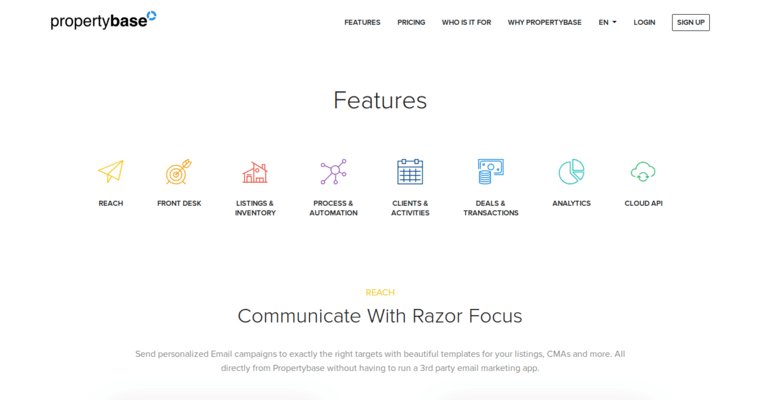 Features page of #5 Top Real Estate CRM Software: Propertybase