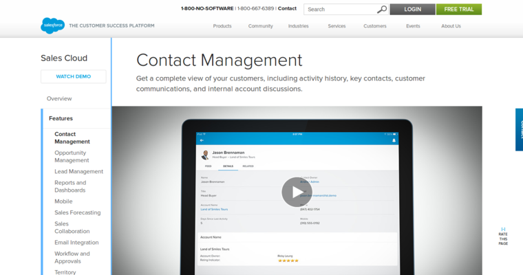 Contact page of #7 Leading Small Business CRM Software: Salesforce.com