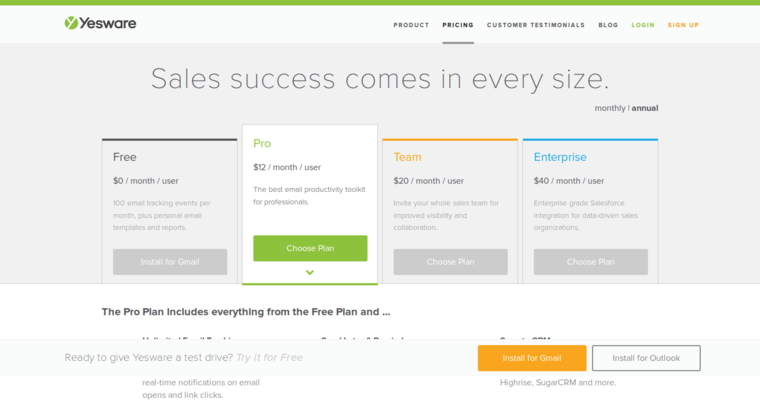 Pricing page of #3 Best Small Business CRM Application: Yesware