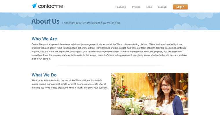 About page of #9 Top Small Business CRM Software: ContactMe