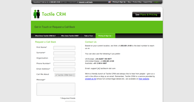 Contact page of #4 Top Small Business CRM Solution: Tactile