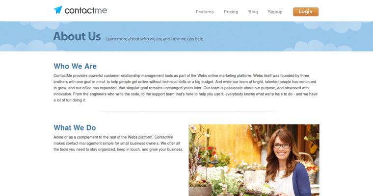 About page of #10 Leading Small Business CRM Software: ContactMe