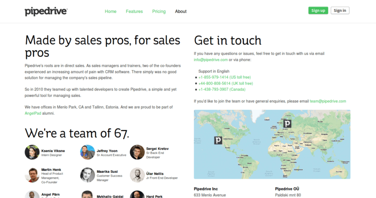 About page of #1 Leading Small Business CRM Software: Pipedrive