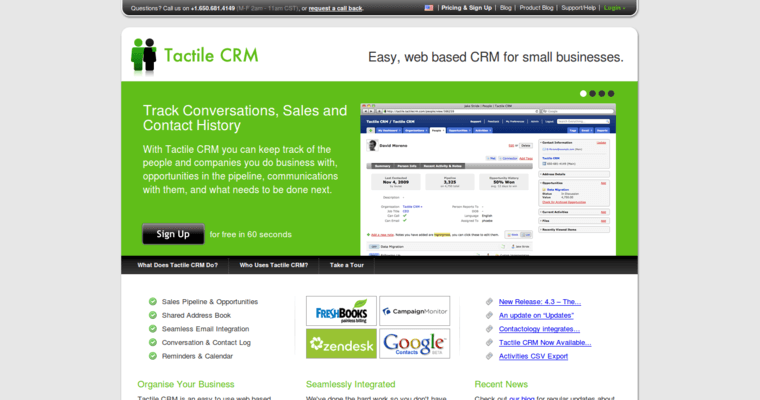 Home page of #6 Best Small Business CRM Application: Tactile