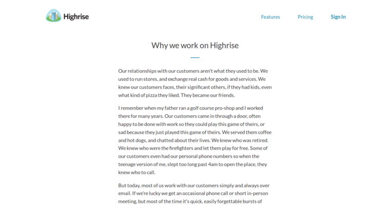 About page of #7 Top Startup CRM Software: Highrise CRM