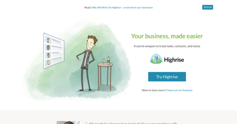 Home page of #7 Leading Startup CRM Software: Highrise CRM