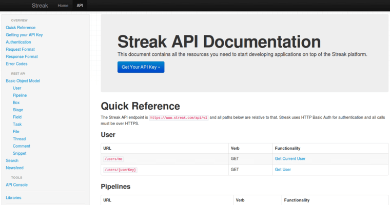 Api page of #2 Best Startup CRM Software: Streak