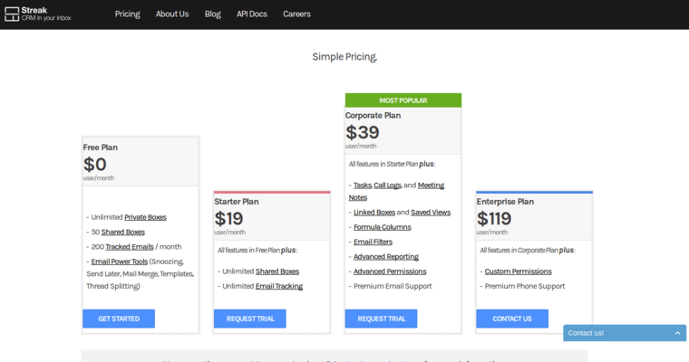 Pricing page of #2 Top Startup CRM Software: Streak