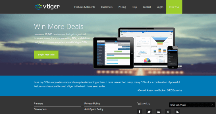 Home page of #5 Top Startup CRM Application: Vtiger