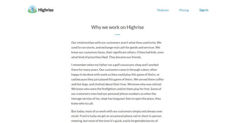 About page of #6 Leading Startup CRM Software: Highrise CRM