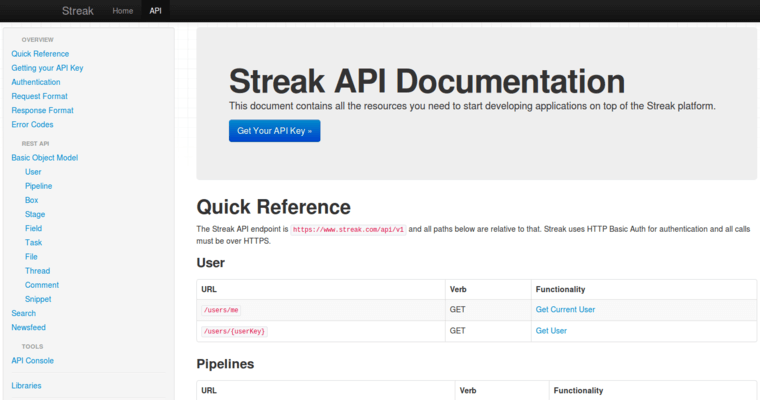 Api page of #9 Best Customer Relationship Management: Streak